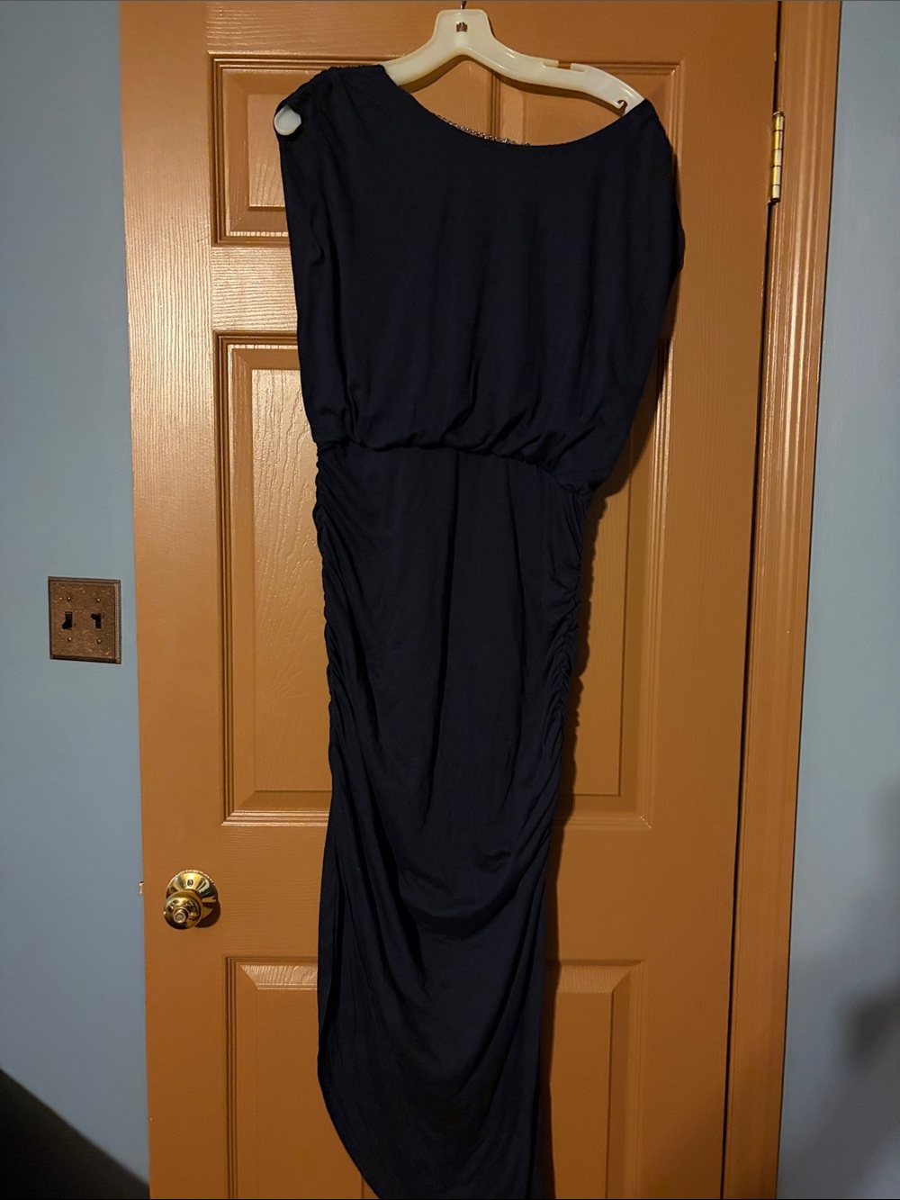 One-Shoulder Navy Blue Ruched Maxi Dress